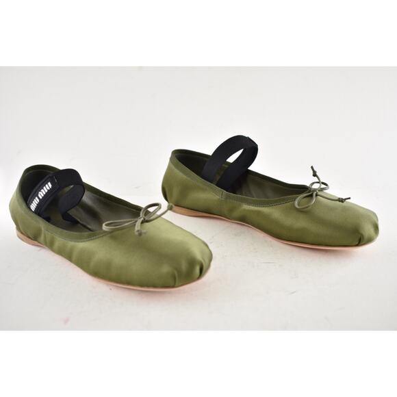 Miu Miu Satin Oliva Green Black White Logo Strap Ballet Ballerina Flats 37.5 - Picture 4 of 16